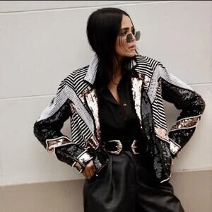 NWT SETA Women M Black Fully Beaded Sequin Moto Jacket Biker Glam Party Coat